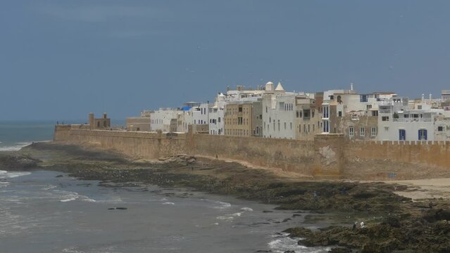 General view of Essaouira in Morocco showing coastline.
