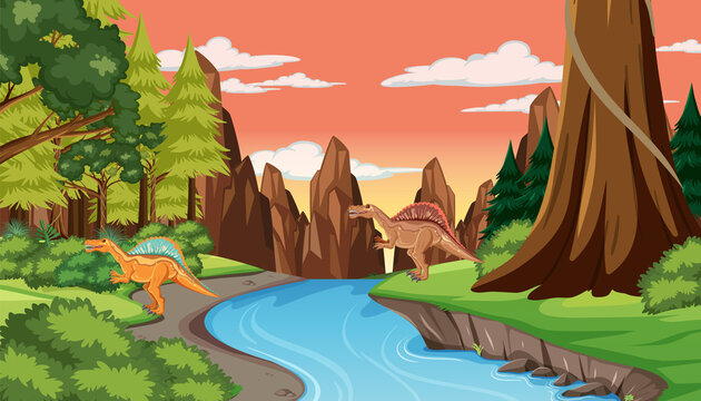 Prehistoric forest with dinosaur cartoon