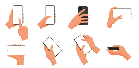 Human hands hold mobile phone with empty blank screen set vector illustration. Cartoon arms touch device with fingers, zoom, tap, swipe gestures isolated on white. Communication, internet concept