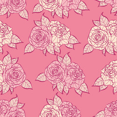 Modern tropical rose flowers seamless pattern design. Seamless pattern with spring flowers and leaves. Hand drawn background. floral pattern for wallpaper or fabric. Botanic Tile.