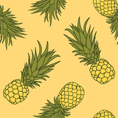 Pineapple tropical seamless pattern background. Tropical nature wrapping paper or textile design. Beautiful print with hand-drawn exotic fruits.