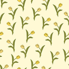 Tulip flowers and leaves seamless pattern background. Nature wrapping paper or textile design. Beautiful print with hand-drawn flower.
