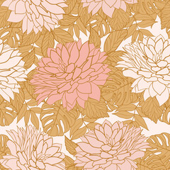 Marigold flowers and leaves seamless pattern background. Tropical peony wrapping paper or textile design. Beautiful print with hand-drawn exotic plants.