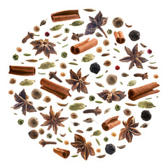 Large collection of seasonings and spices on a white background