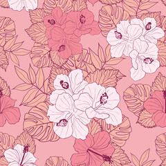 Hibiscus flowers and leaves seamless pattern background. Tropical nature wrapping paper or textile design. Beautiful print with hand-drawn exotic flower.