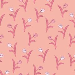 Tulip flowers and leaves seamless pattern background. Nature wrapping paper or textile design. Beautiful print with hand-drawn flower.