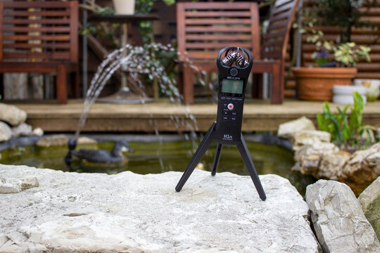 Sochi, Russia - April 9 2022: Zoom H1N recorder. Recording foley, sound effects, and ADR. Sounds of nature and life.