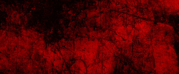 Red grunge texture background of cement plaster wall with cracks, red grunge wall texture. dark red grunge background. Horror Cement texture, wall full of scratches, Scary dark wall, grungy cement.