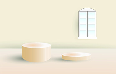 light orange, minimalist style, On Floor Background 3d and open window overlooking the curtains.