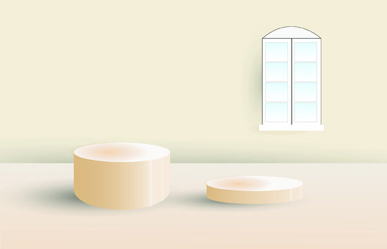 light orange, minimalist style, On Floor Background 3d and open window overlooking the curtains.