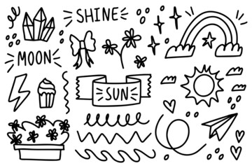 Doodle elements on isolated white background. Hand drawn simple signs and symbols. Line art. 