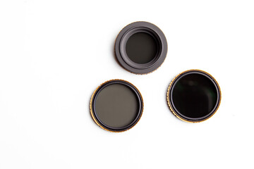 Grey neutral density filter set for action camera. ND filter with magnetic fastening system.  White background