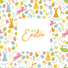 Happy Easter of Sale banners, greeting cards, posters, holiday covers. Trendy design with typography, hand painted plants, dots, eggs and bunny, in pastel colors. Modern art minimalist style