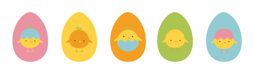 Set of Easter eggs with silhouettes of chicks. Pattern in the form of Easter chicks. Happy Easter. Design elements for stickers, coloring books, greeting cards. Vector illustration in flat style