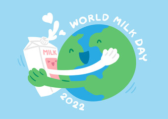 World globe hug milk box, World Milk Day 2022 concept cartoon flat design illustration isolated on blue background with copy space, vector eps 10