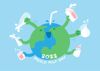 World globe with hand holding milk box, glass, pouring pitcher and baby bottle, World Milk Day 2022 concept cartoon flat design illustration isolated on blue background with copy space, vector eps 10 - 498007135