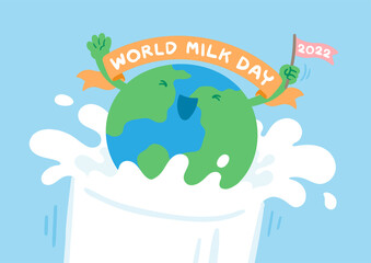 World globe jump into milk glass and flag, World Milk Day 2022 concept cartoon flat design illustration isolated on blue background with copy space, vector eps 10