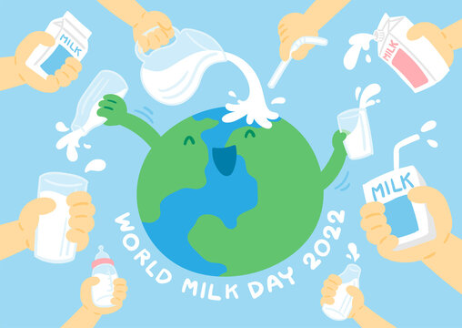 World globe among hand holding milk box, glass, pouring pitcher and baby bottle, World Milk Day 2022 concept cartoon flat design illustration isolated on blue background with copy space, vector eps 10 - Powered by Adobe