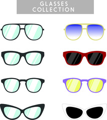 A set of glasses isolated. Vector glasses model icons. Sunglasses, glasses, isolated on white background. Silhouettes. Various shapes  stock illustration.
