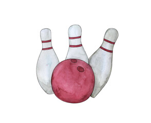 Bowling and skittles with a ball,watercolor illustration, hobby