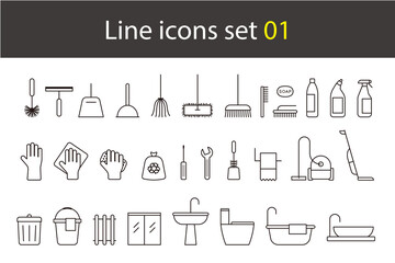 Fototapeta premium Household cleaning supplies line icons, vector illustration