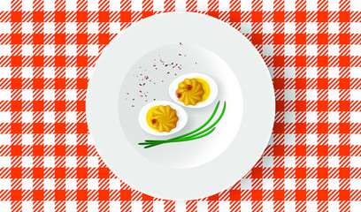 Deviled eggs with mayonnaise and paprika on white plate. Breakfast table, top view - 498009589