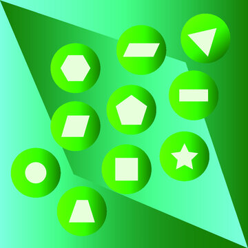 10 basic shapes in circles heading a arrow shape illustration.