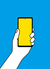 Hand holding mobile smart phone, blank screen on blue background