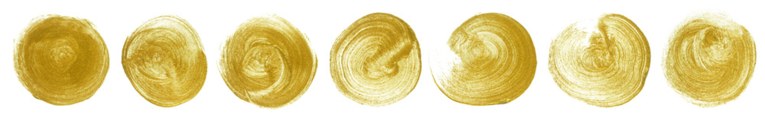 Set of round-shaped golden brush strokes. Smears of acrylic paint isolated on white background. Gold element for design