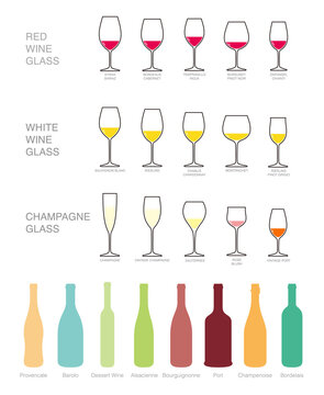 Wine icons set. wine bottles and glasses for wine.