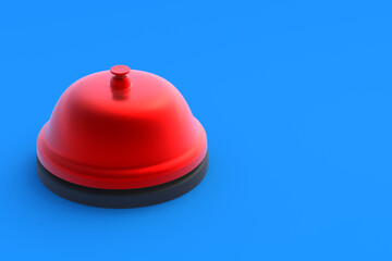 Red metallic service bell on blue background. Administrator call. Copy space. 3d render
