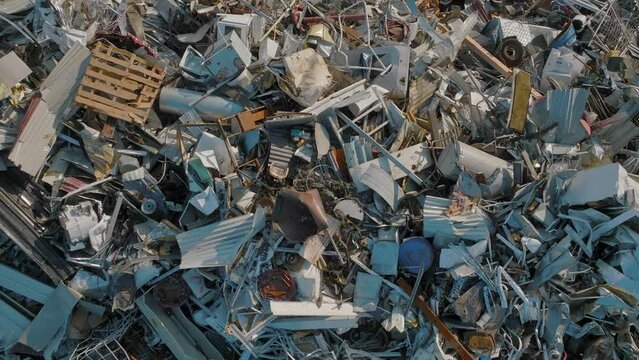 Aerial top down view of a scrap metal yard
