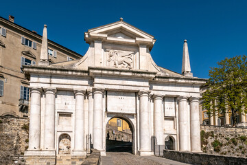 Fototapeta na wymiar View at the Porta of Saint Giacomo in the streets of Bergamo Alta - Italy