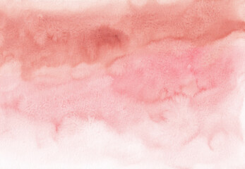 Obraz na płótnie Canvas Watercolor pastel coral ombre background texture, hand painted. Aquarelle light pink and white gradient backdrop, stains on paper. Artistic painting wallpaper.