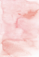 Watercolor pastel coral background texture. Watercolour backdrop. Light pink stains on paper, hand painted.