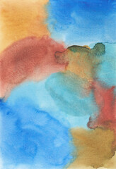 Abstract colorful watercolor background texture, hand painted. Artistic blue, brown, orange backdrop, stains on paper. Aquarelle painting wallpaper.