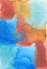 Abstract colorful watercolor background texture, hand painted. Artistic blue, brown, orange backdrop, stains on paper.