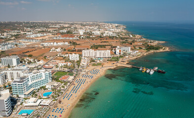 Beaches and hotels of the first line of the Mediterranean Sea in Protaras, Cyprus, aerial view
