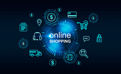 Digital hologram with online shopping icons and symbols