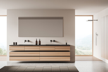Light bathroom interior with double sink and douche in the corner near window