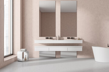 Naklejka na ściany i meble Light bathroom interior with sinks and tub, accessories and window