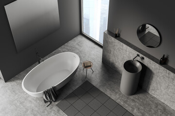 Top view on dark bathroom interior with bathtub, panoramic window