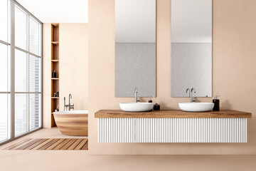 Fototapeta na wymiar Light bathroom interior with sink and tub with shelf near panoramic window