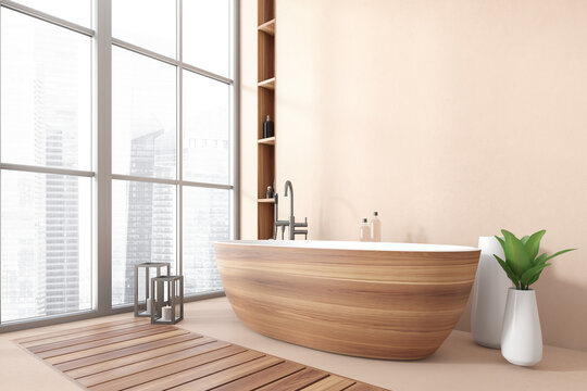 Light bathroom interior with tub, shelf for accessories and window. Mockup