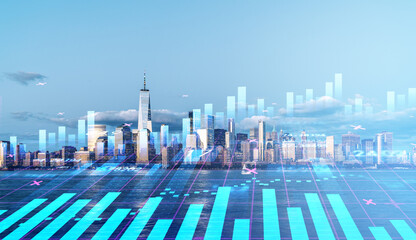 New York city skyscrapers downtown and financial digital interface