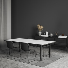 Grey living room interior with table and seats, commode and mockup