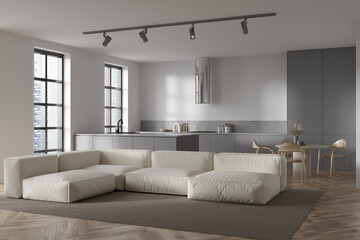 Fototapeta premium Corner view on bright studio room interior with dining table