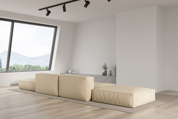 Corner view on bright living room interior with large sofa