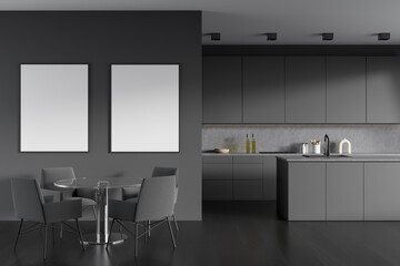 Dark kitchen room interior with two empty white poster