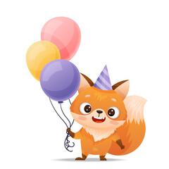Baby fox in a cap holds colorful balloons in his hands. Drawn in cartoon style. Vector illustration for designs, prints and patterns. Isolated on white background